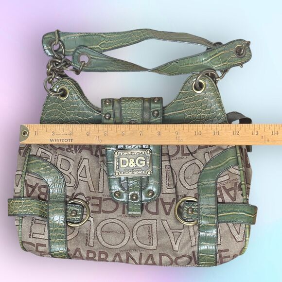 Dolce&Gabbana Shoulder Bag Designer Purse Brown Fabric w/ Green Textured Leather - Picture 13 of 13